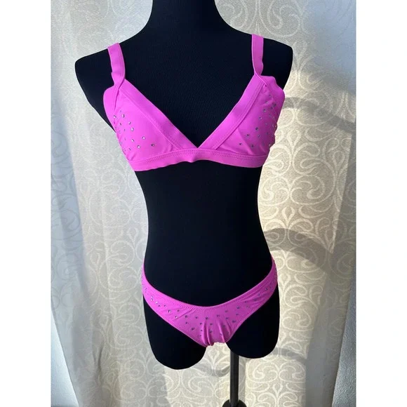 Hot‎ Pink Rhinestone Bikini Set Women's Swimsuit Sparkle Beachwear - M - Picture 3 of 7